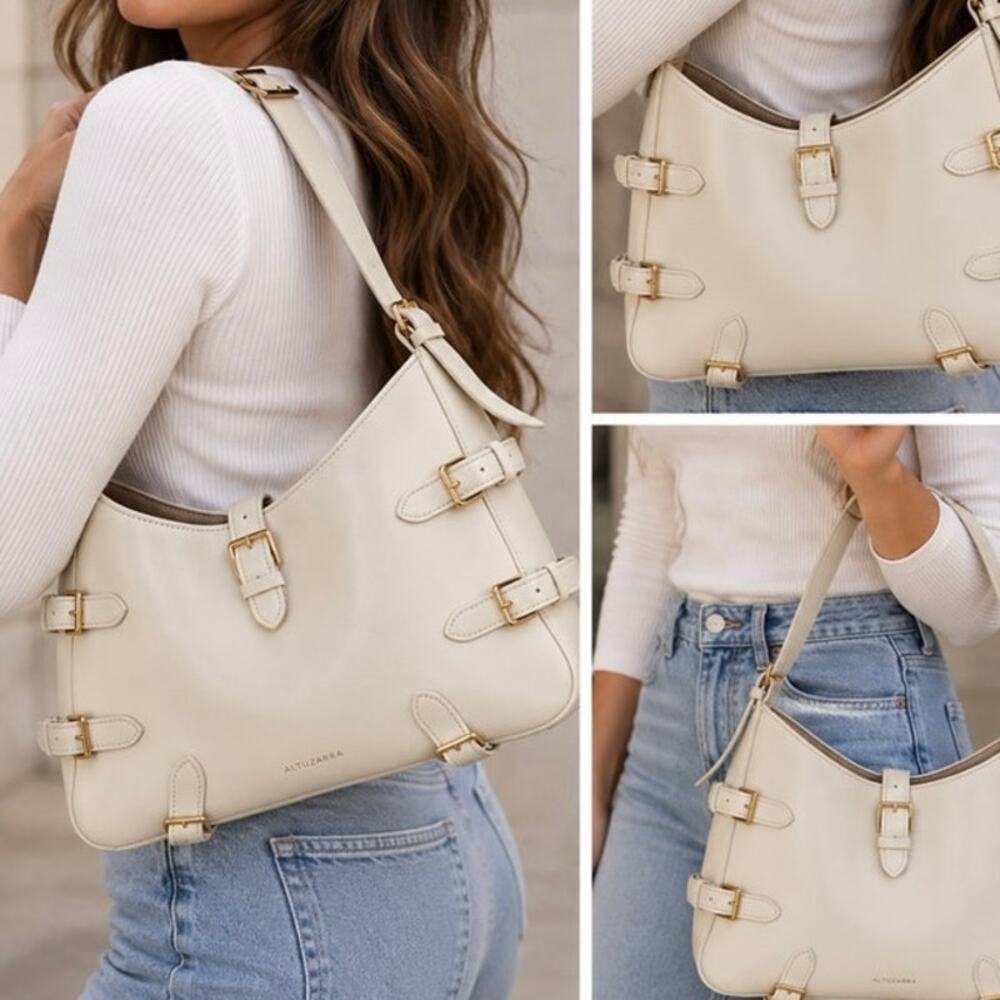 Altuzarra Leather Buckle Shoulder Bag Off White Cream Hobo Purse Gold Hardware